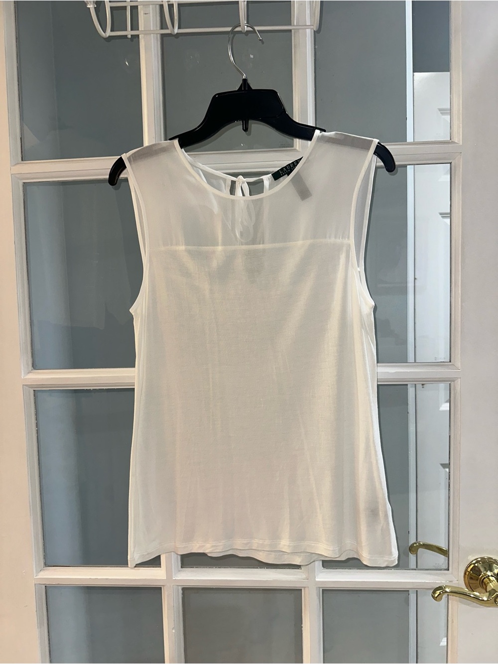Lauren Ralph Lauren Womens Sz M Sleeveless Blouse Top White Semi Sheer Neck Tie